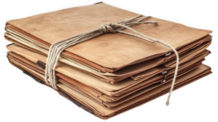 Stack of aged brown paper tied with twine for vintage document storage use on transparent background