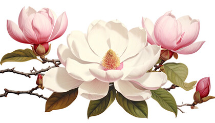 Magnolias white center, pink sides, on branches with buds