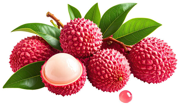 Lychee fruit stack with leaves and one sliced, revealing pulp