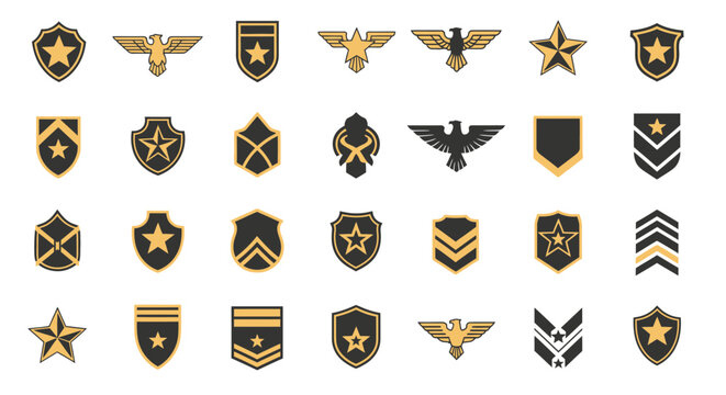 Collection of military rank insignia and badges depicting various symbols and shapes for design