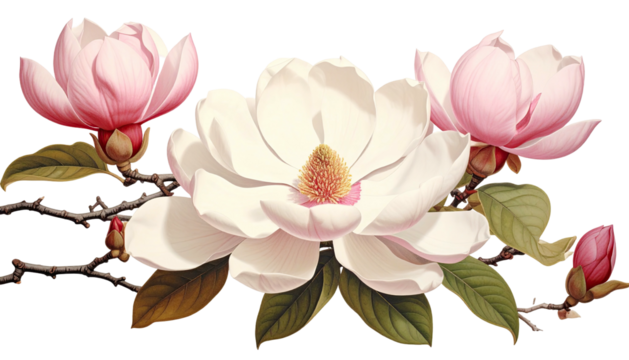 Magnolias white center, pink sides, on branches with buds