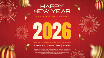 happy new year 2026 gold celebration poster, modern minimal new years eve party flyer, luxury 2026 vector greeting card template, abstract bright festive holiday banner background