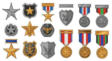 Collection of Diverse Military Medals and Insignia Representing Valor and Service Achievements