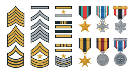 Various military insignia and medals depicting rank and achievement in service branches