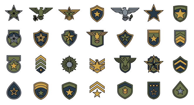 Collection of stylized military rank and insignia designs rendered with outline details