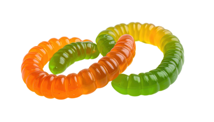 Interlocking gummy worms; orange/green, yellow/green
