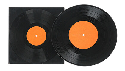 Vinyl record in sleeve, with visible orange record label