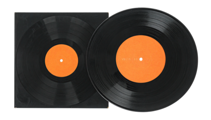 Vinyl record in sleeve, with visible orange record label
