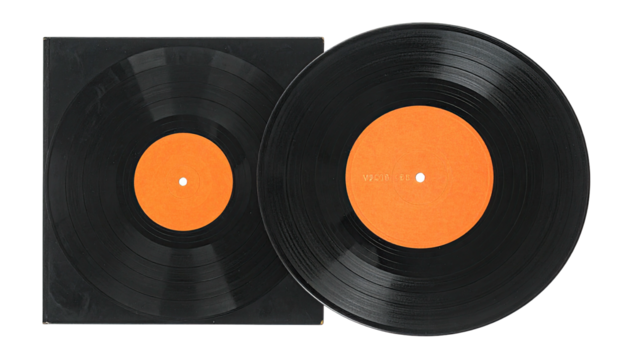 Vinyl record in sleeve, with visible orange record label