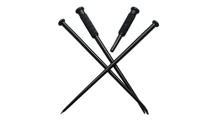 Four black batons crossed, with dark handles, isolated