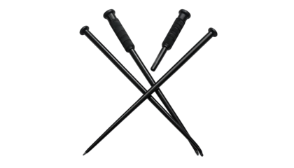 Four black batons crossed, with dark handles, isolated