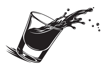 A dark liquid splashing out of a clear shot glass tilted on its side isolated on white background