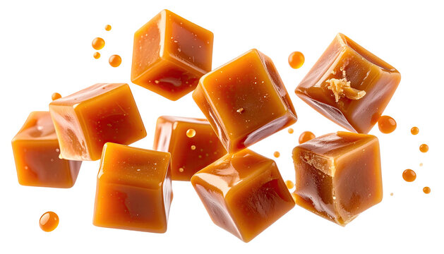 Caramel cubes levitate, shiny & sweet, against a black background