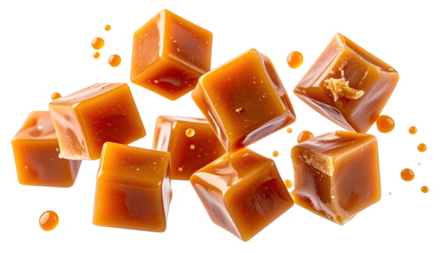 Caramel cubes levitate, shiny & sweet, against a black background