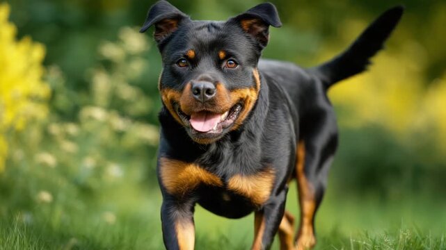 A powerful, happy Rottweiler runs towards the viewer in a green field