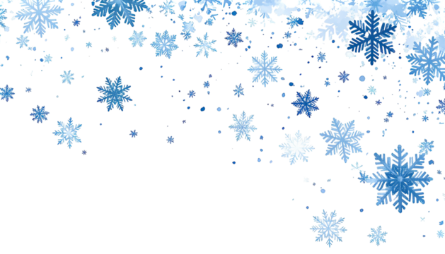 Snowflake flurry; blue, white and light particles on black