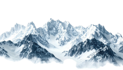 Jagged mountain range with snow and ice, against black backdrop
