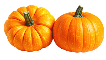 Two bright orange pumpkins sit side-by-side on a dark background