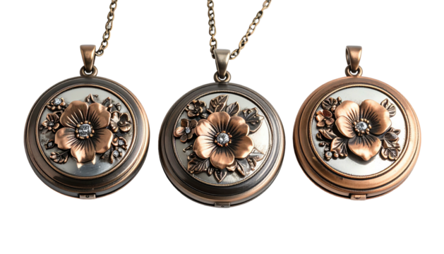 Round locket necklaces with flower and gem on chain, centered