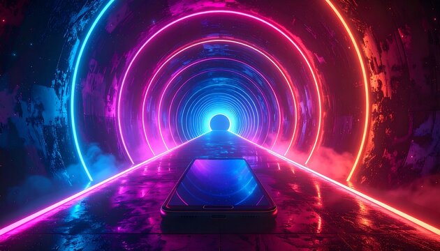 Phone rests on surface leading into a tunnel of colorful, glowing, concentric circles amidst smoky vapor