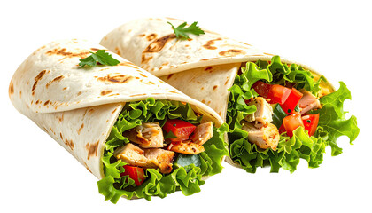 Two chicken wraps with lettuce and tomato, ready to eat