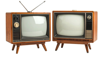 Two vintage wood-cased televisions with antennas