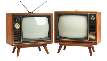 Two vintage wood-cased televisions with antennas