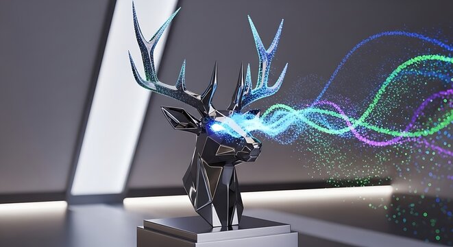 Futuristic metallic deer sculpture with vibrant neon energy waves emanating from its eyes - Powered by Adobe