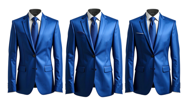 Three vibrant blue suits displayed on mannequins, ties included