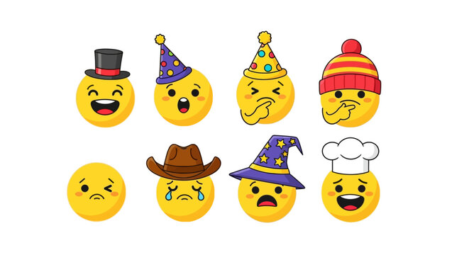A collection of diverse cartoon emojis expressing varied emotions with charming outfits and - Powered by Adobe