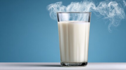 Glass of steaming milk placed on a clean surface against a blue background, showcasing the warmth and comfort of a cozy beverage, perfect for relaxation or culinary inspiration