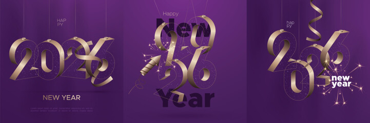 Golden Ribbon Hanging 3D 2026 New Year Design on Purple Background