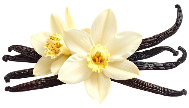 Two vanilla blossoms and four pods, dark and light
