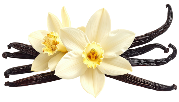 Two vanilla blossoms and four pods, dark and light