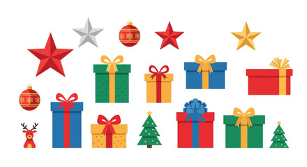 Festive christmas presents and decorations icons spread across a white background  featuring a
