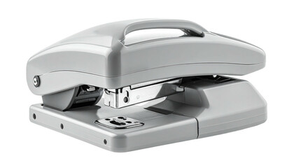 Gray heavy-duty stapler stands on base; side view