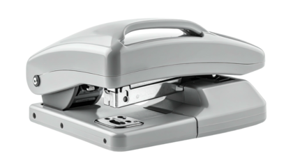 Gray heavy-duty stapler stands on base; side view