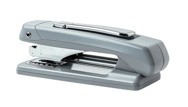Metallic grey desktop stapler on black backdrop, office supply - Powered by Adobe