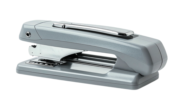 Metallic grey desktop stapler on black backdrop, office supply