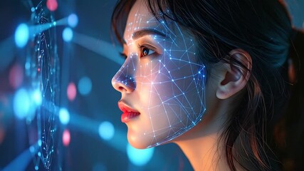 Artificial intelligence facial recognition technology analyzing the features of a woman - Powered by Adobe
