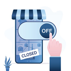 Owner hand push OFF button and closed online store. Stop internet business. Concept of e-commerce and business. Drop sales internet shop, business failure, bankruptcy.