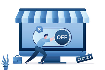Businessman push OFF button and closed online store. Stop internet business. Concept of e-commerce, business break. Drop sales internet shop, failure, bankruptcy.