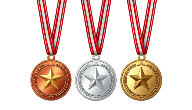 Medals with star centers hang from red, white, stripes