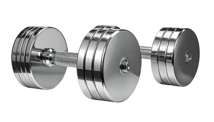 Silver dumbbell with textured grip against a black background