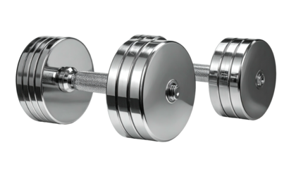 Silver dumbbell with textured grip against a black background