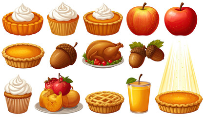Autumnal delicacies arranged, pies, apples, turkey, juice, and acorns