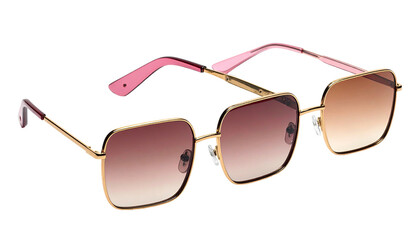 Square-framed sunglasses with gold rims and pink ombre temples