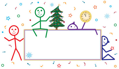 Beautiful New Year's background with colorful people, an elegant Christmas tree and a clock