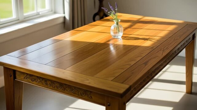 A sunlit wooden table displays a glass vase with flowers, casting shadows