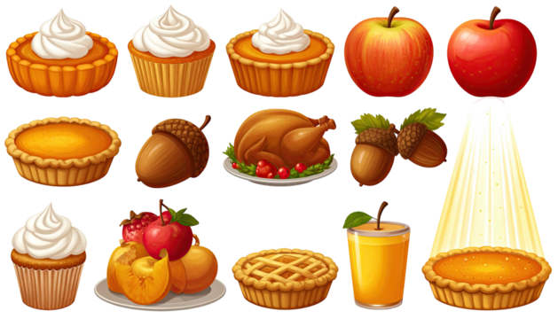 Autumnal delicacies arranged, pies, apples, turkey, juice, and acorns